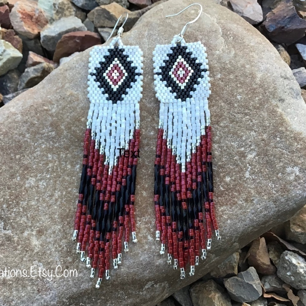 Native Diamond Beaded Earrings with Fringe, New, Handmade by Me